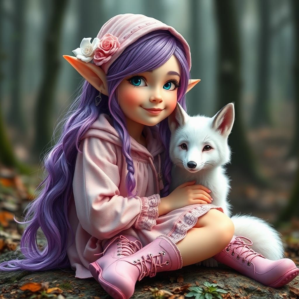 Enchanting Elf with Fox in Vibrant Fantasy Forest
