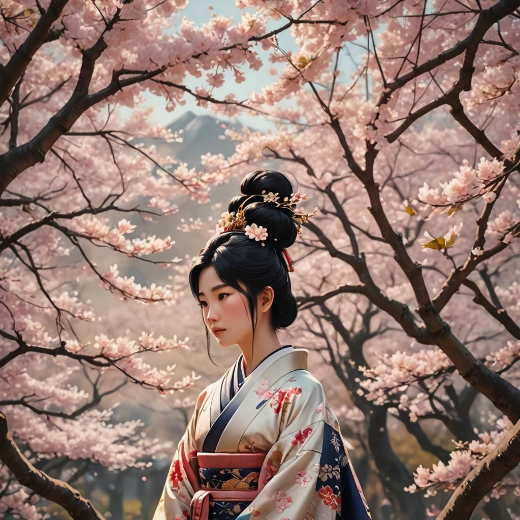 Japanese Princess in Kimono with Cherry Blossoms