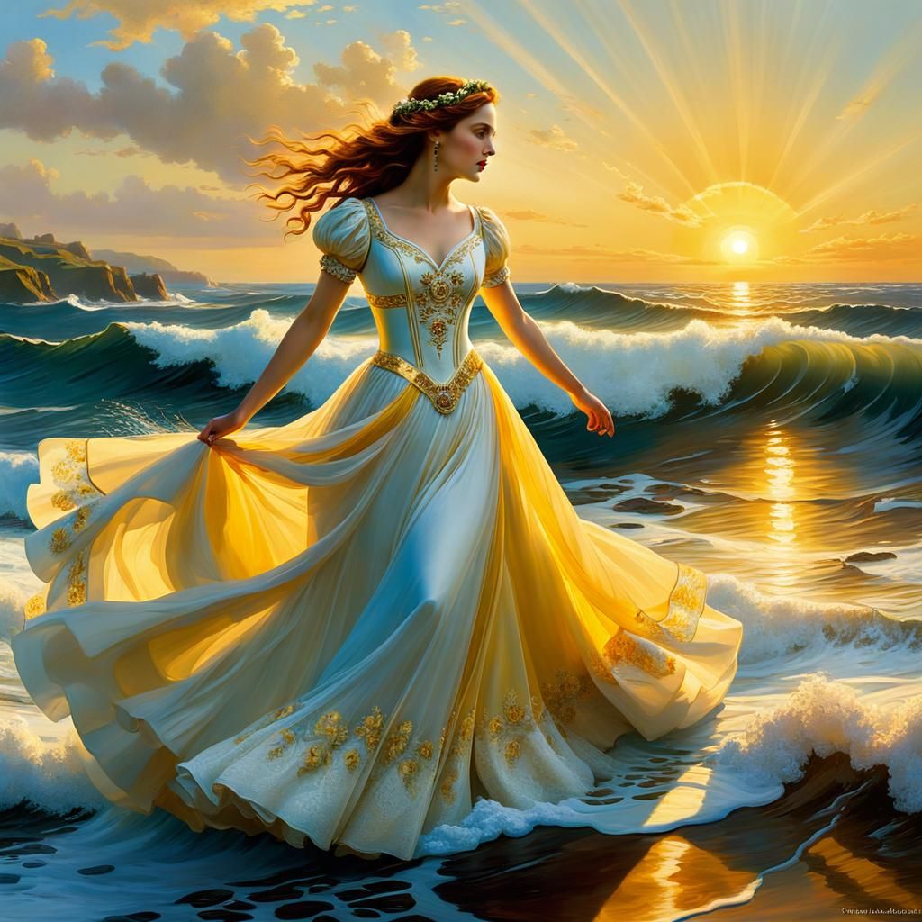 Bride Dancing in Ocean Waves at Sunset