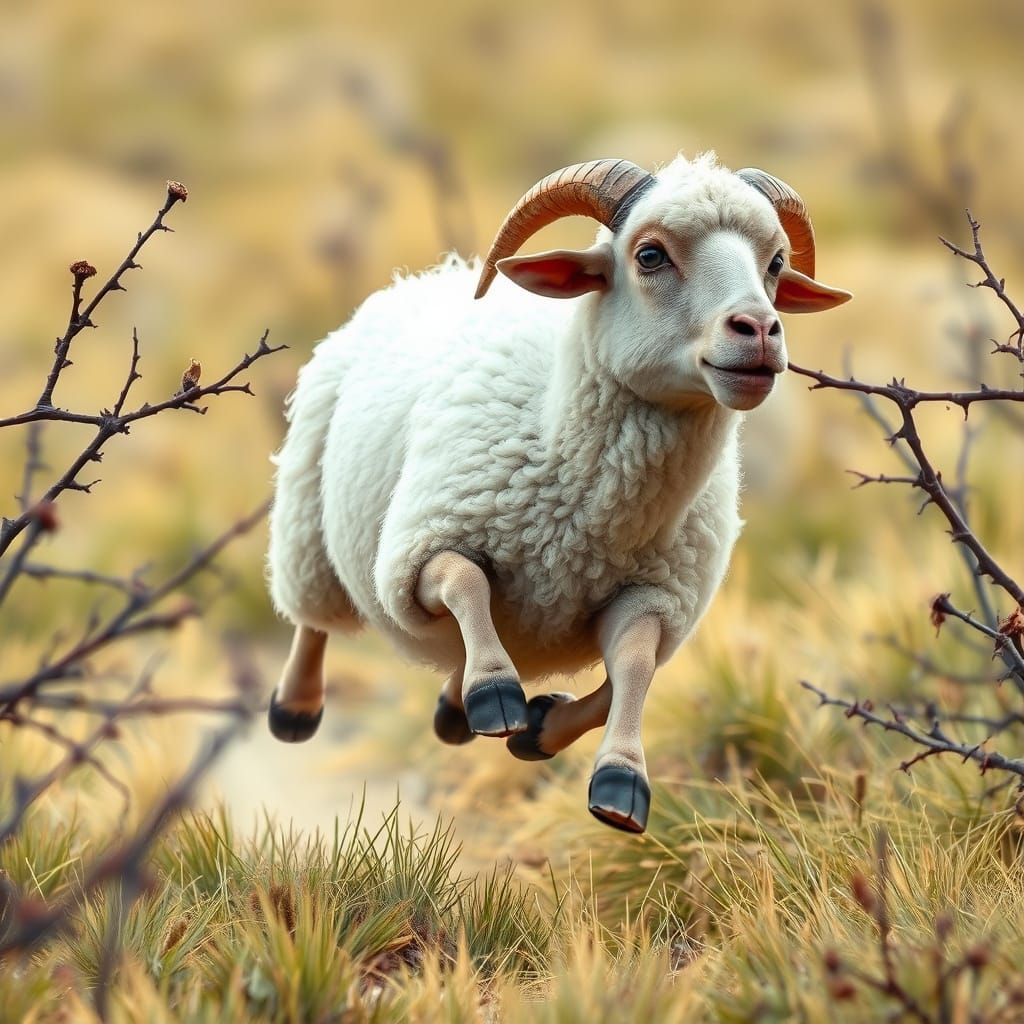 Angry Sheep Running Through Thorny Field in Pastel