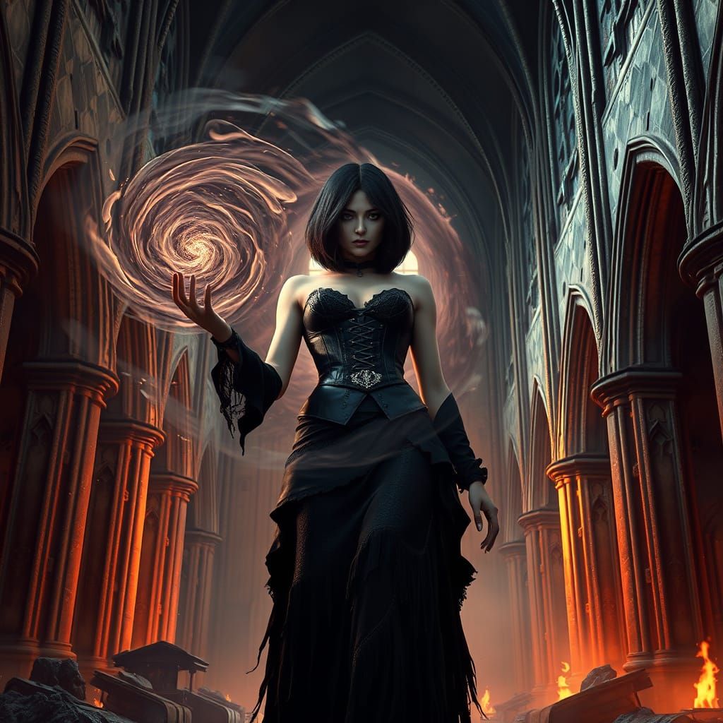 Sorceress in Gothic Cathedral Ruins