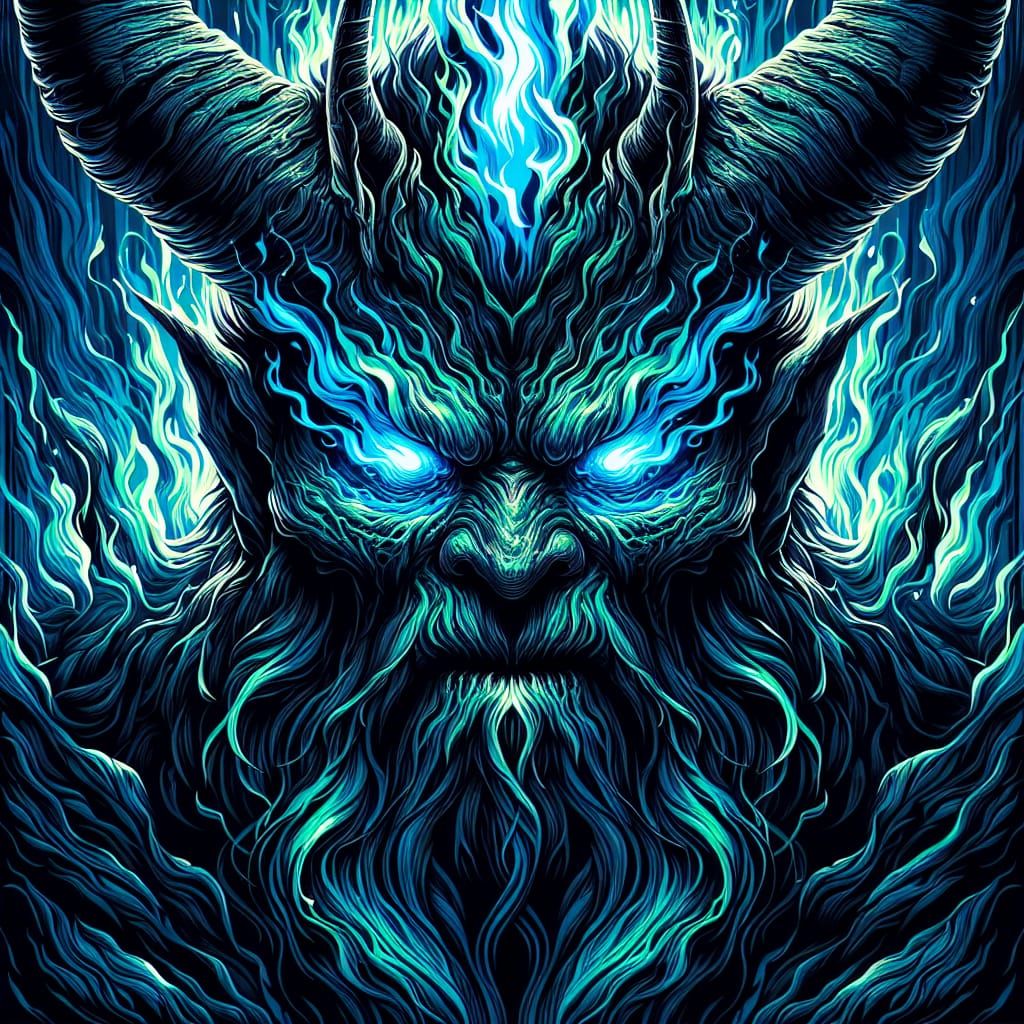 Imposing Horned Demon in Swirling Flames