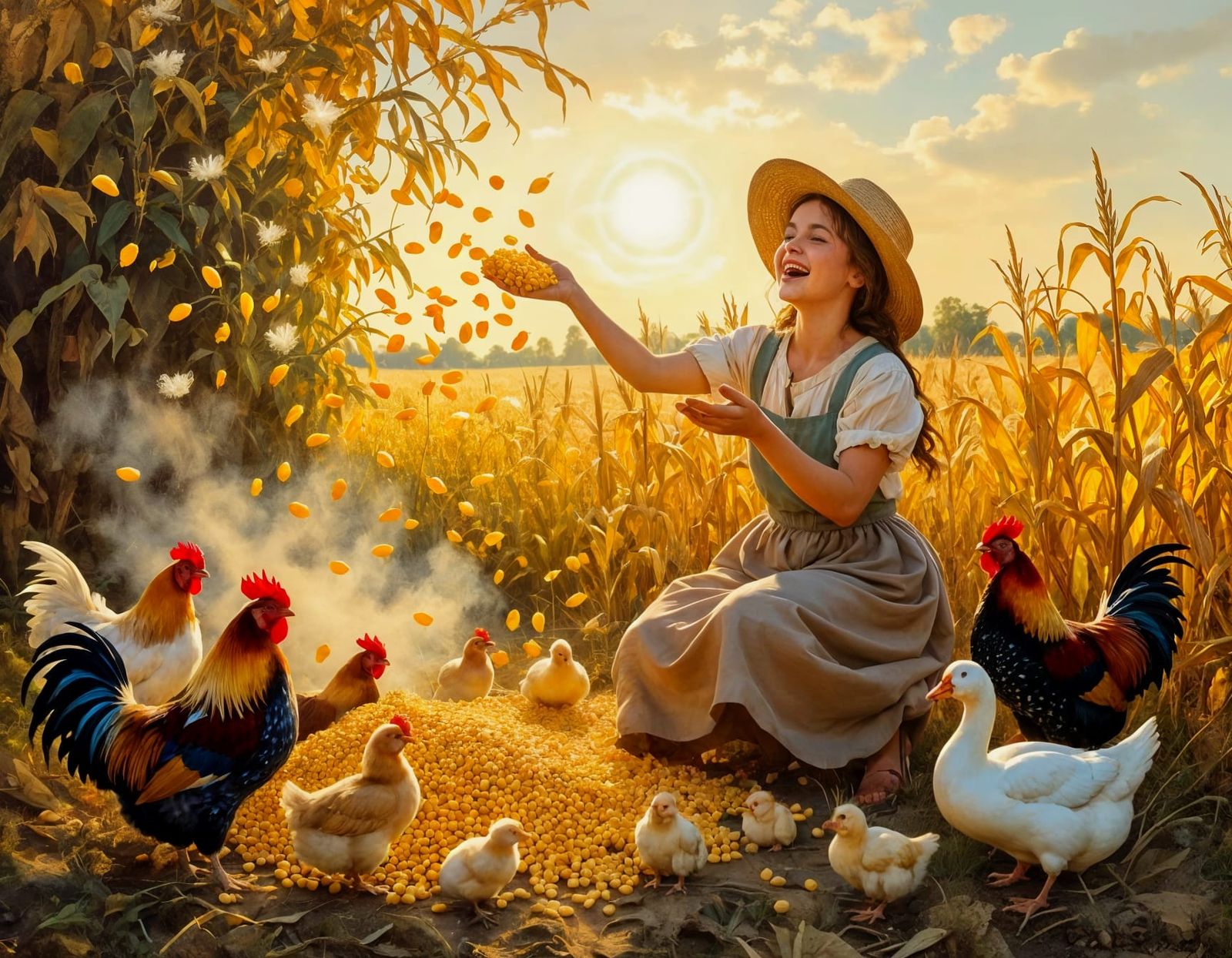 Peasant Girl Laughs Feeding Poultry in Golden Sunrise Light