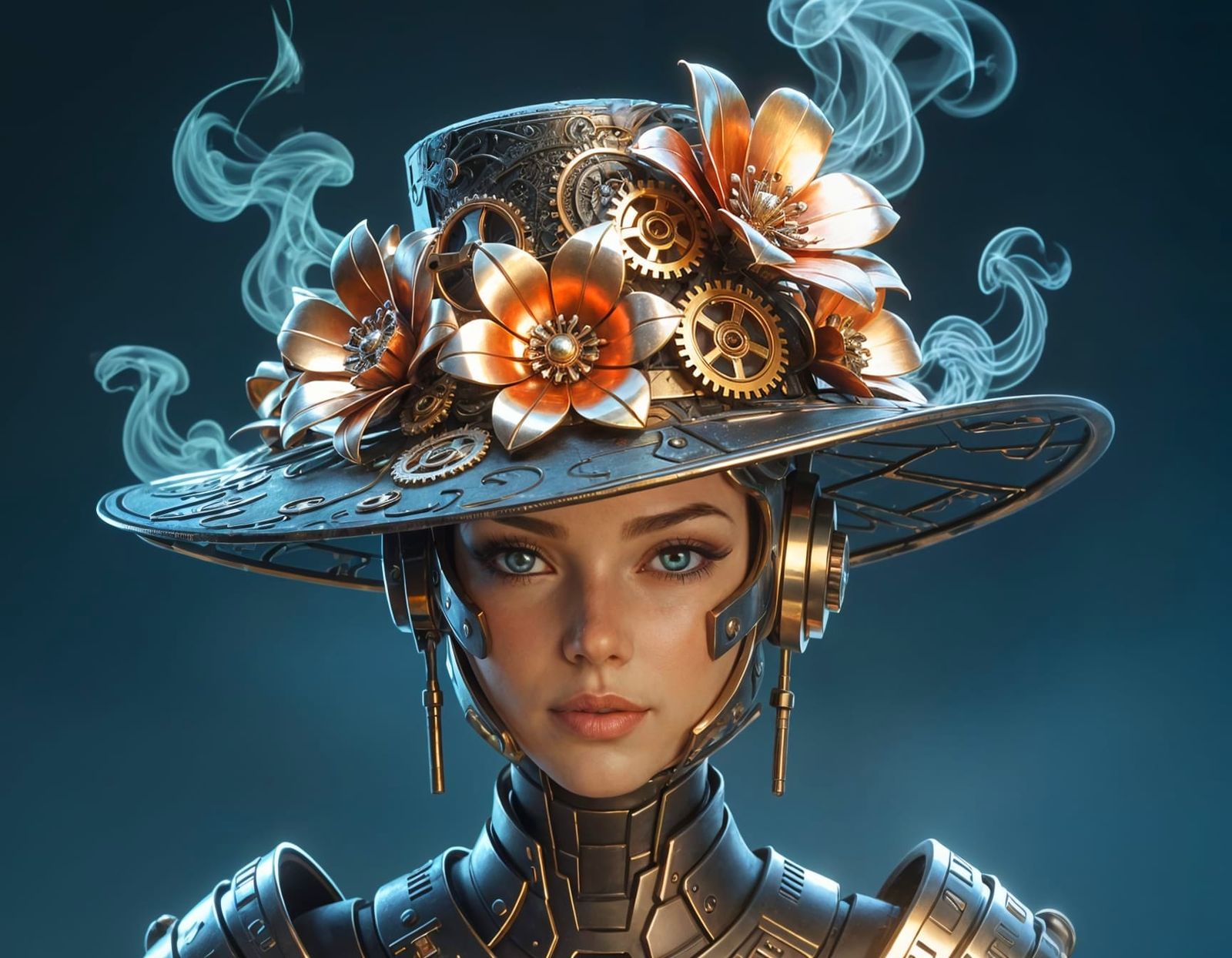 Futuristic Character with Mechanical Flower Hat