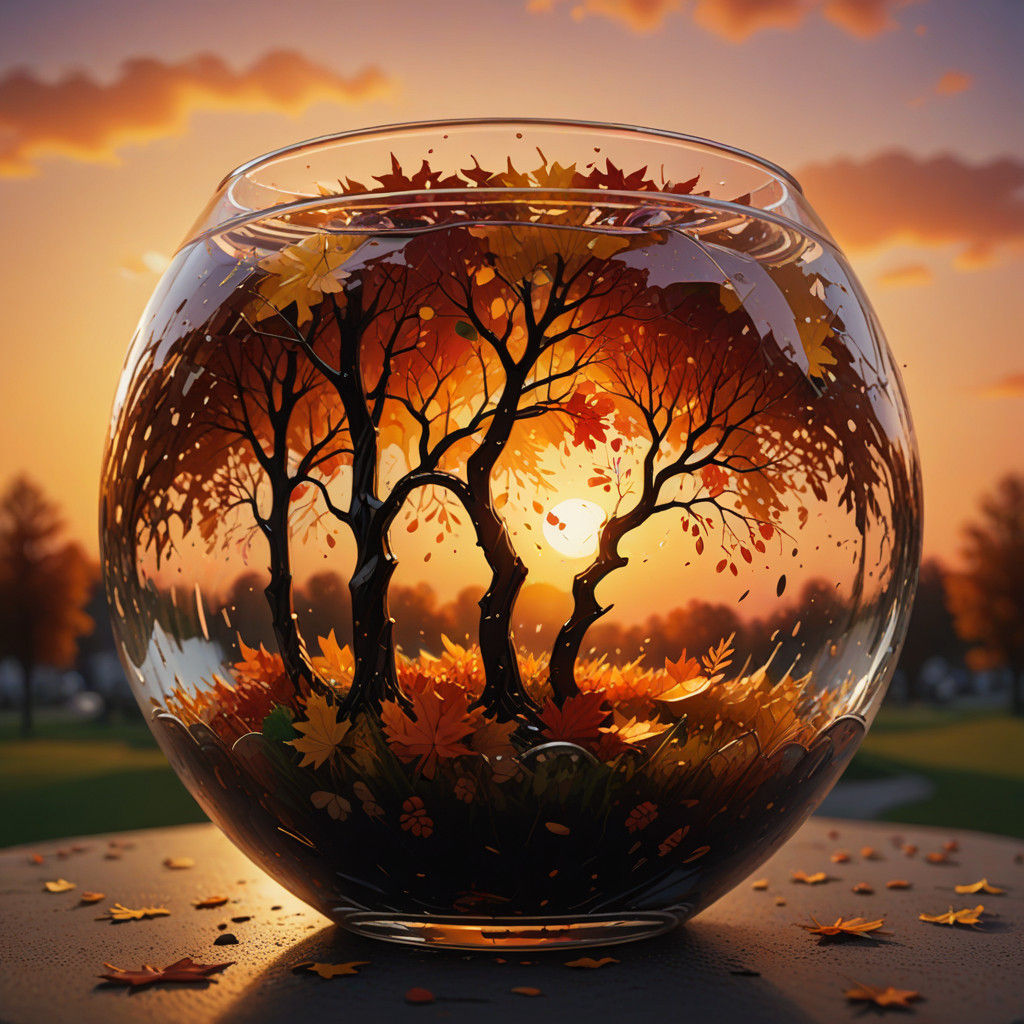 Dramatic Autumn Scene in Hyperrealistic Glass Bowl