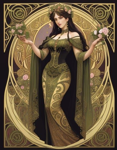Ethereal Art Nouveau Goddess in Vibrant, Intricately Designe...
