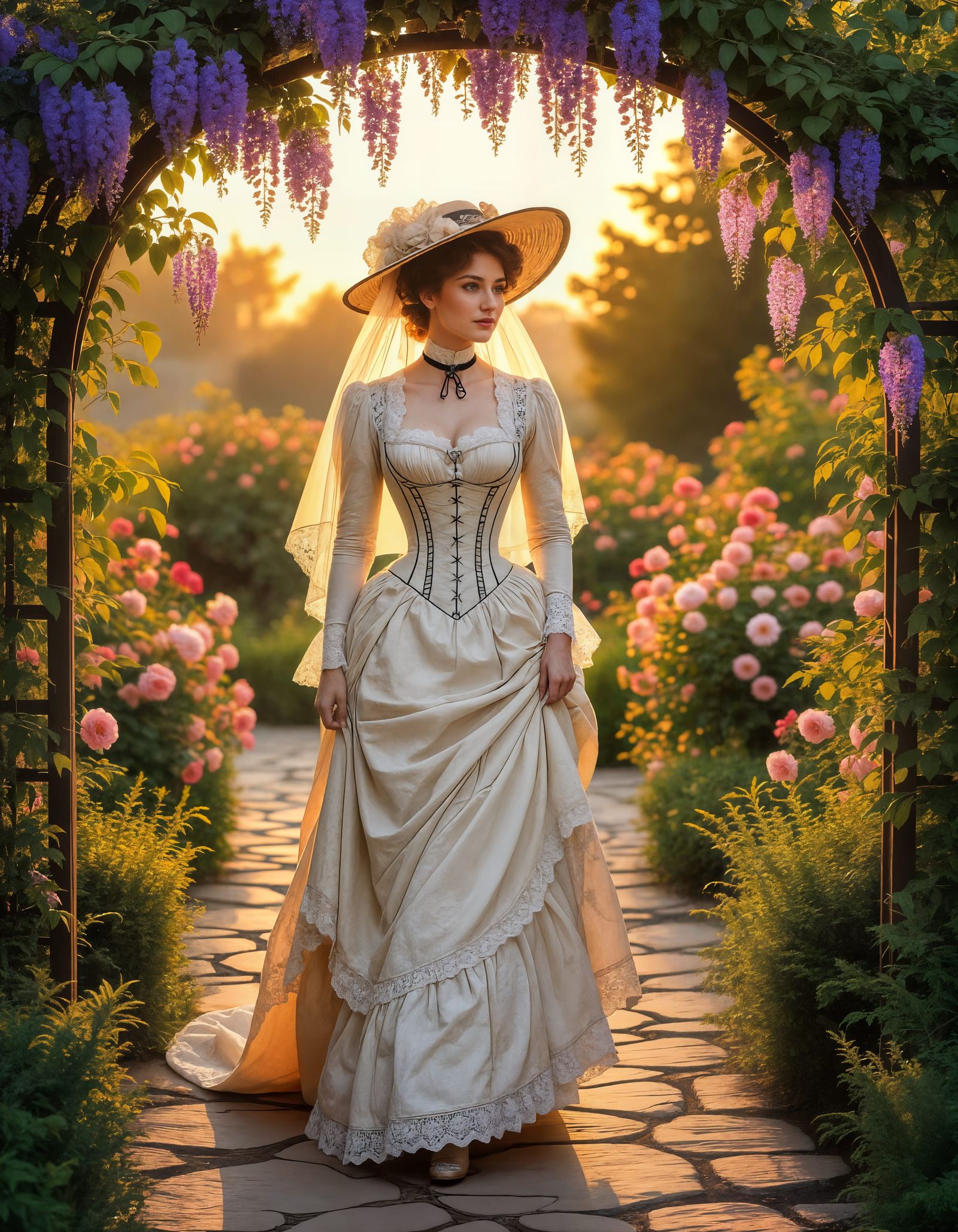 Victorian Lady in Garden at Sunset