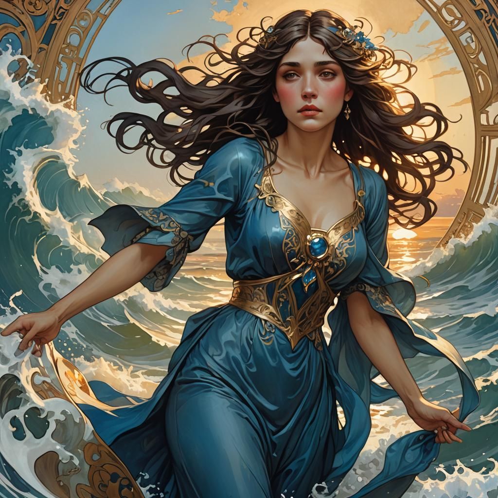 Brunette Woman Emerges from Ocean: Art Nouveau Painting