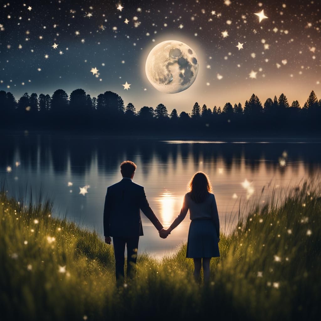 Romantic Lakeside Scene with Heart Moon