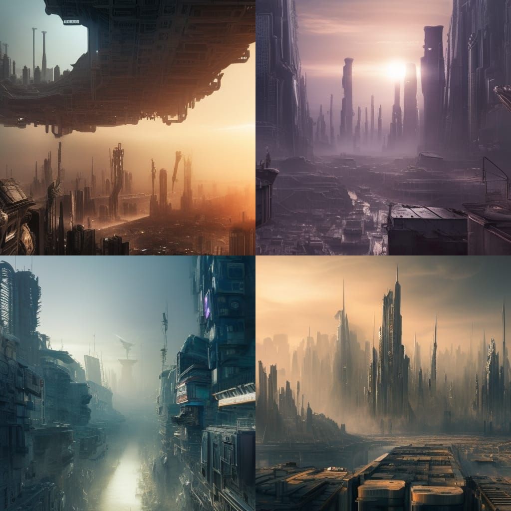 Cyberpunk Sunrise Over Grimy Bionic City