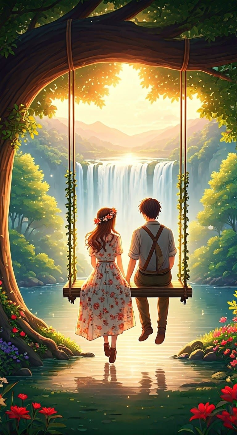 Whimsical Anime Scene of a Couple on a Wooden Swing in a Vib...