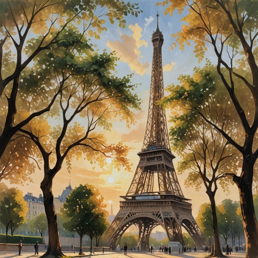 Eiffel Tower Impressionist Oil Painting at Golden Hour