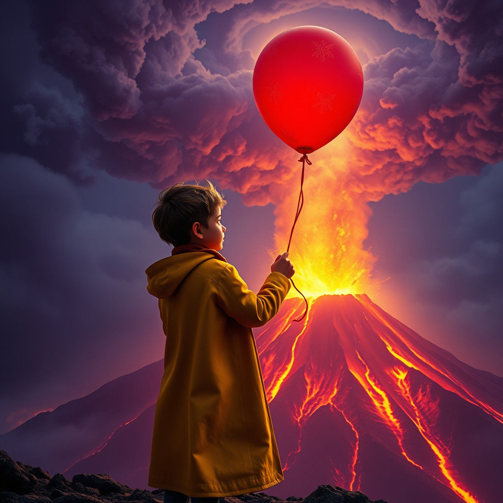 Boy with Balloon at Volcano in Dark Fantasy Style