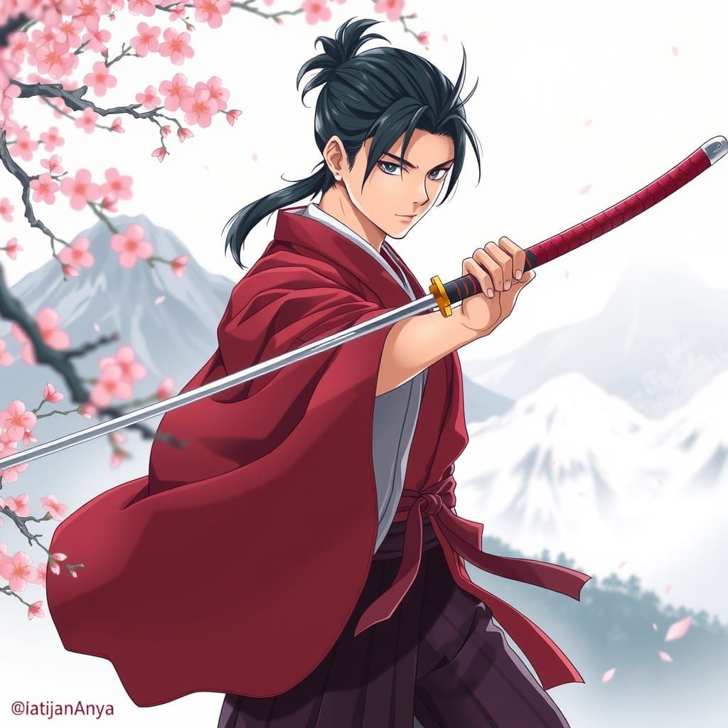 Anime Man with Sabre and Cherry Blossoms