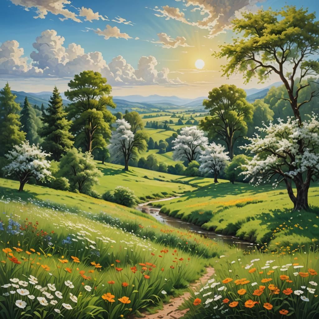 Peaceful Countryside Meadow in Photorealistic Style