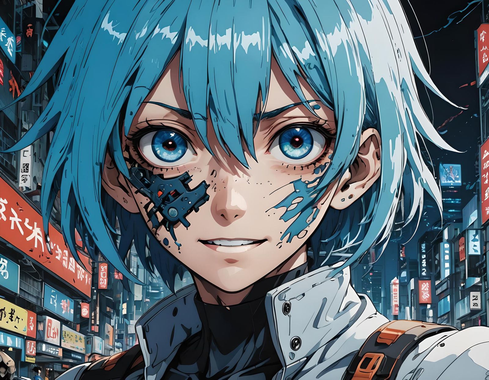 Cyberpunk Horror: Blue-Haired Ghoul in Anime Style