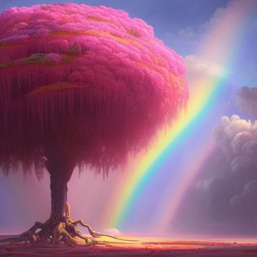 Pink Candy Tree Under Rainbow, Gothic Oil Painting