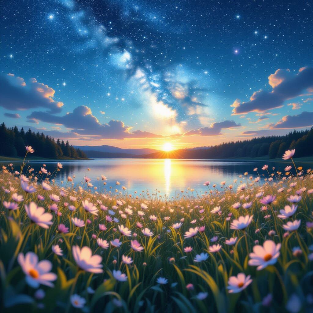 Magical Flower Meadow at Night: Digital Art Landscape