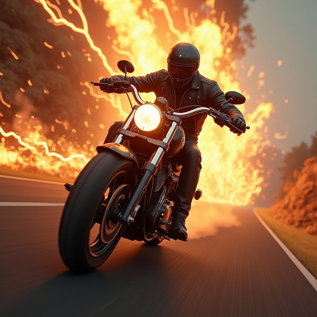 Cyberpunk Biker Speeds Down Winding Highway in a Swirling Vo...