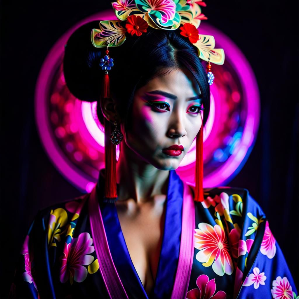 Gorgeous Japanese Princess in Neon Black Light Art