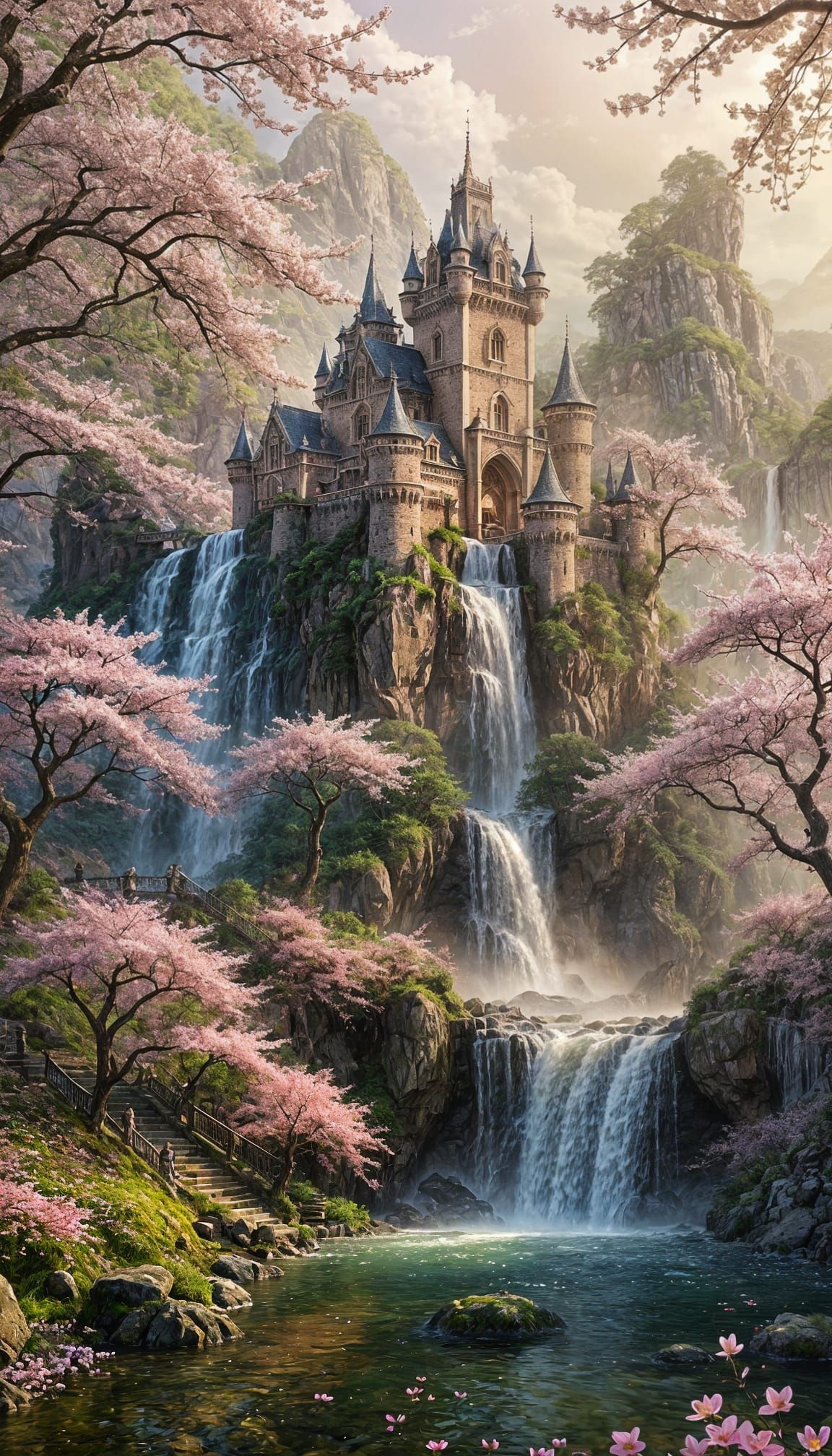 Hyperrealistic Castle Scene with Waterfalls and Blossoms