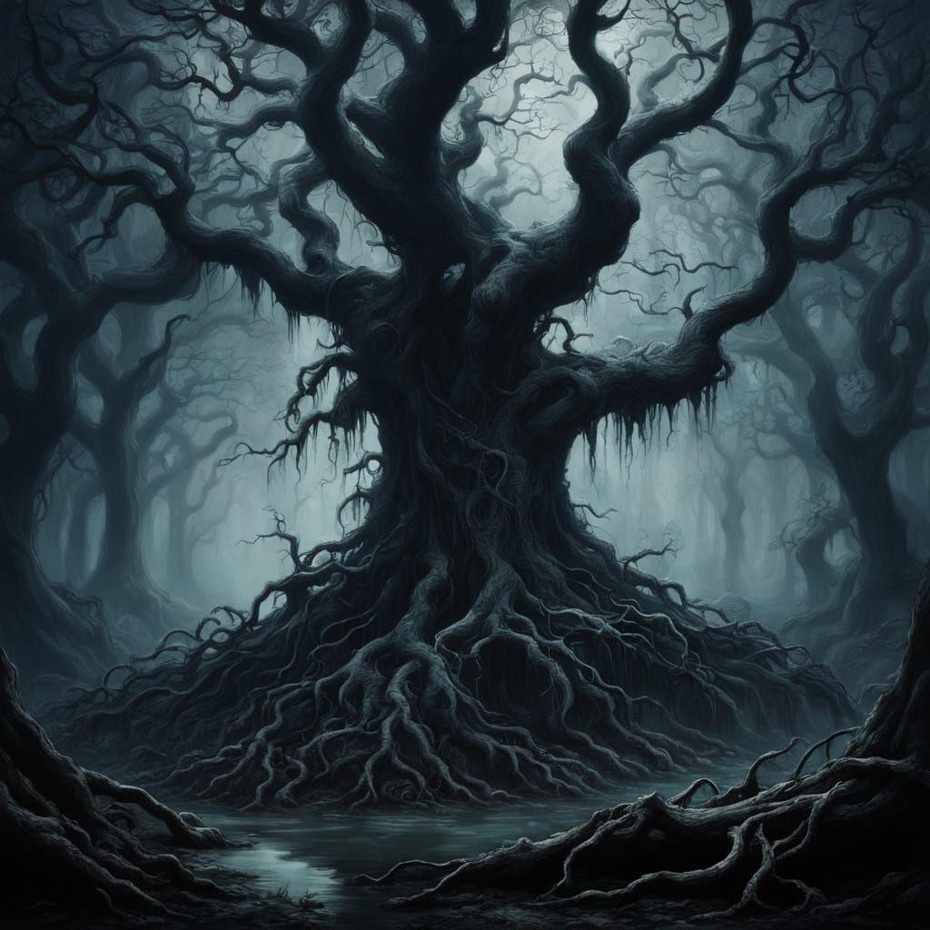 Mysterious Dark Forest with Gnarled Trees and Twisted Roots