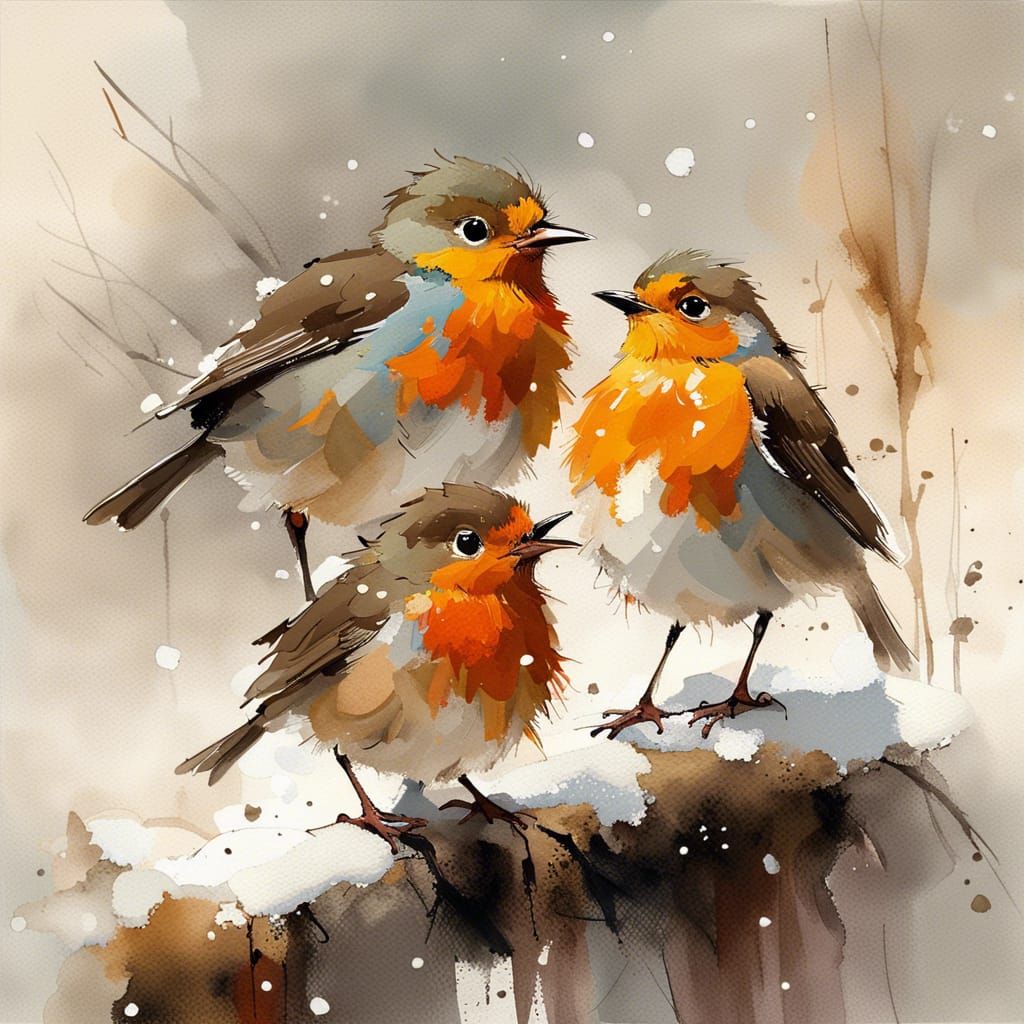 Charming Baby Robins in Winter Watercolor Style