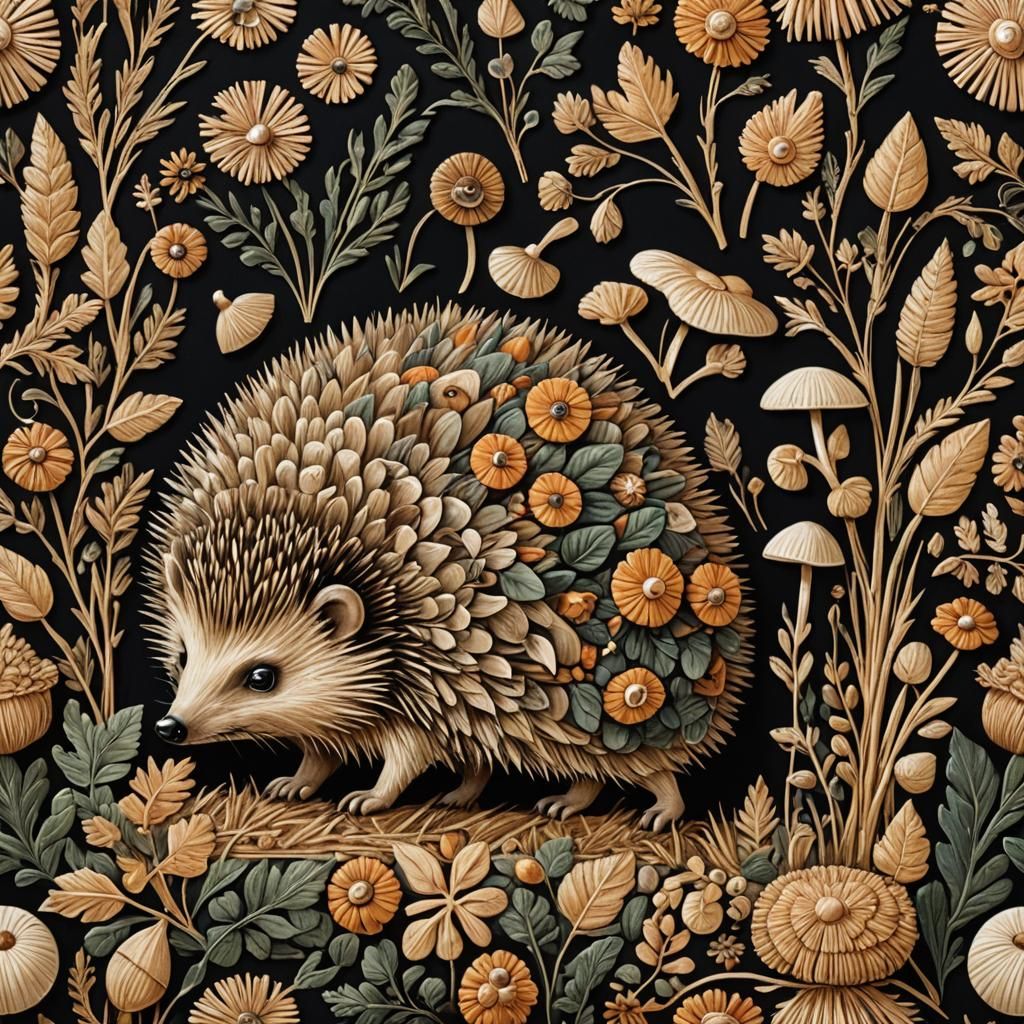 Hedgehog and Mushroom Straw Applique Folk Art