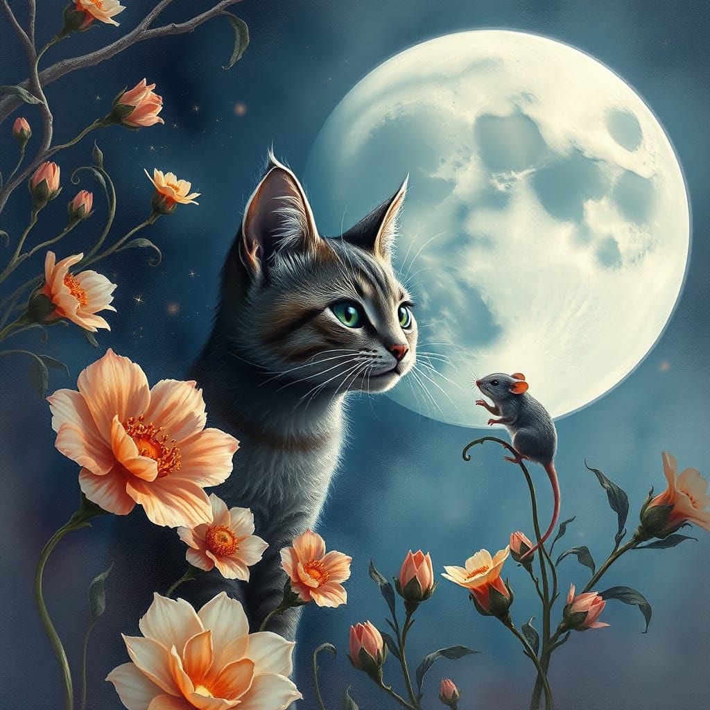 Cat and Mouse Under the Moon in Art Nouveau Style