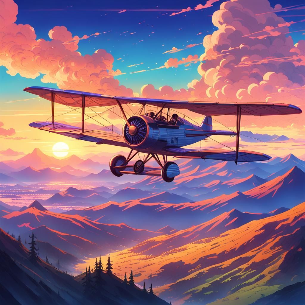Vibrant Neon Mountain Range with Soaring Vintage Biplane