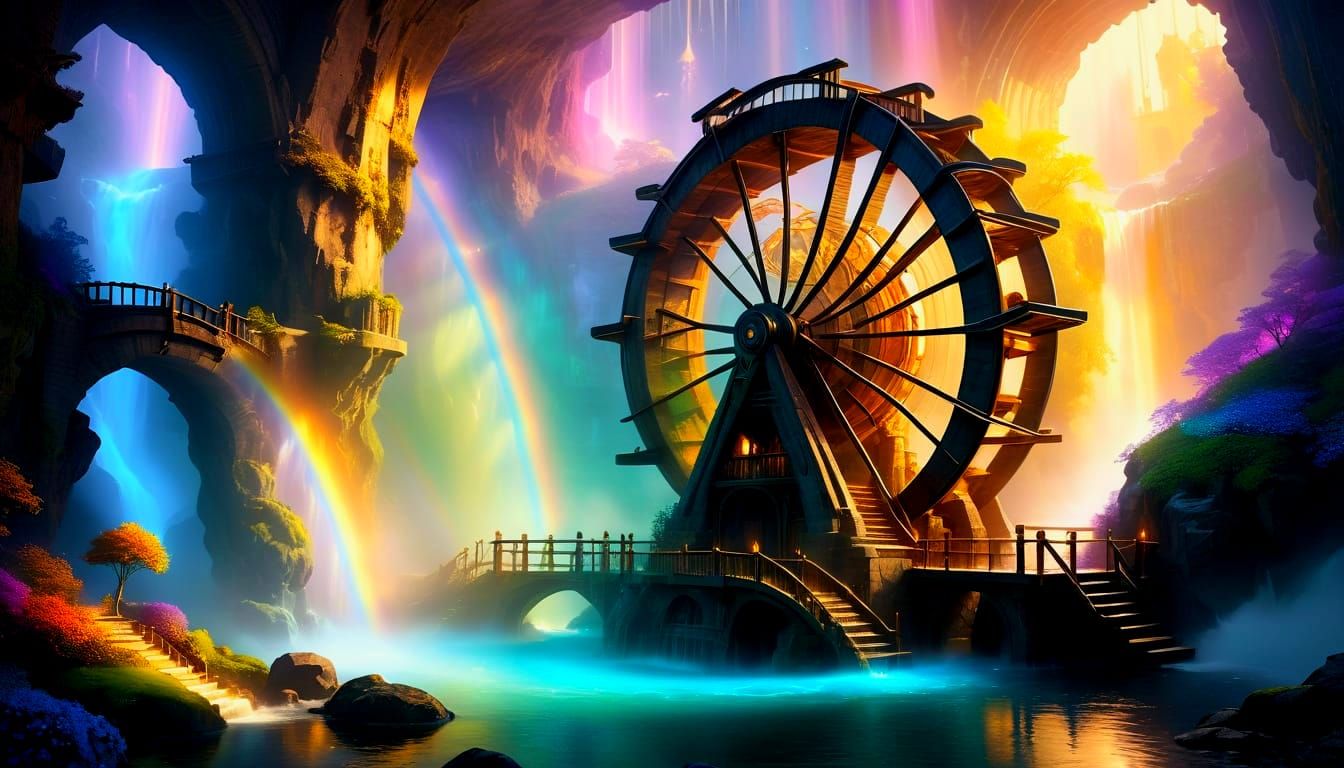 Futuristic Steampunk Waterwheel in a Magical Universe