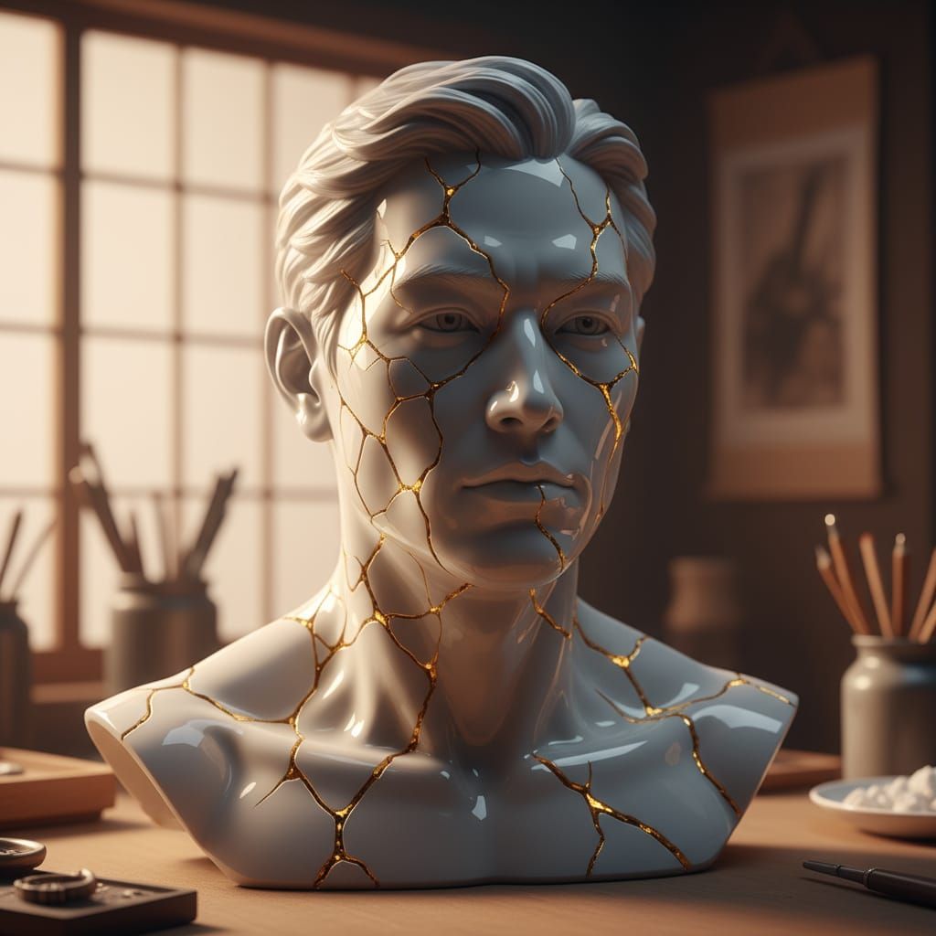 Kintsugi Male Head Sculpture with Golden Cracks