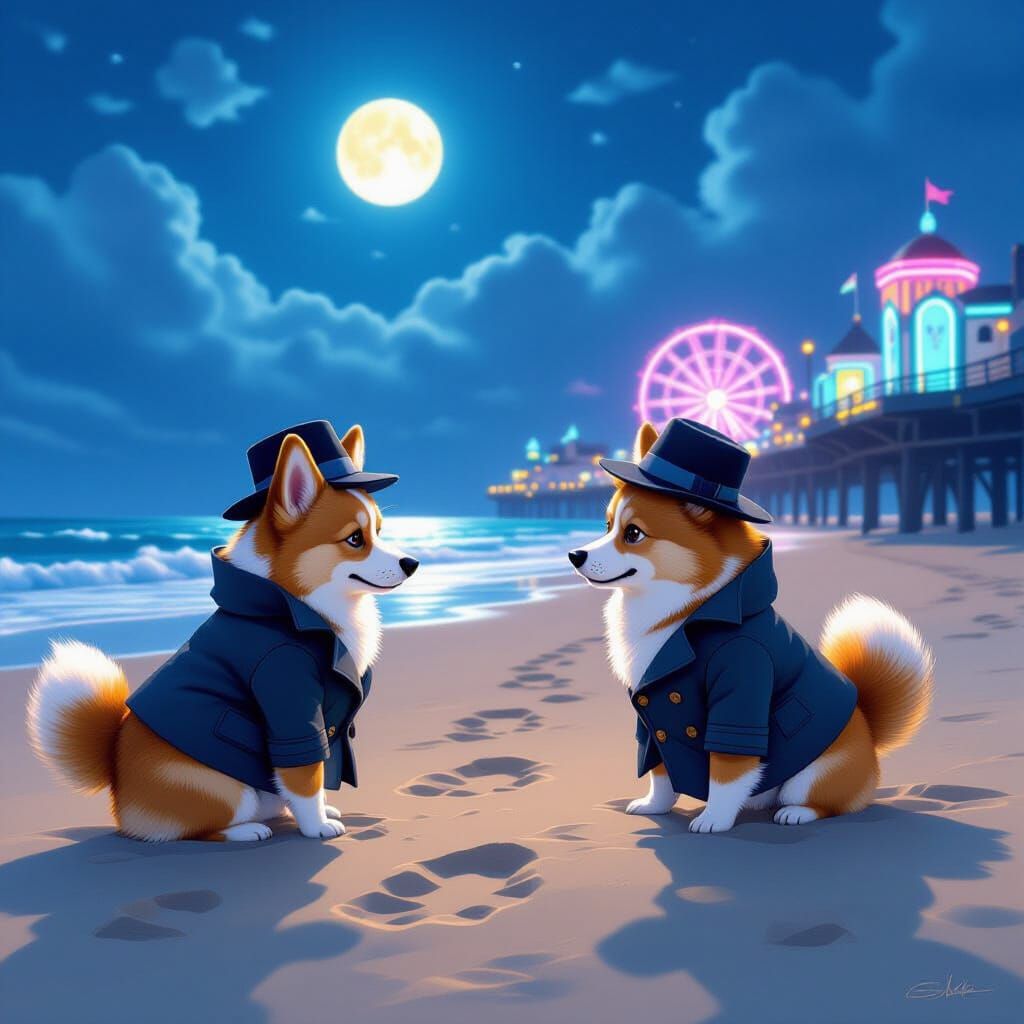 Corgi and Shiba Inu Detectives on Moonlit Beach