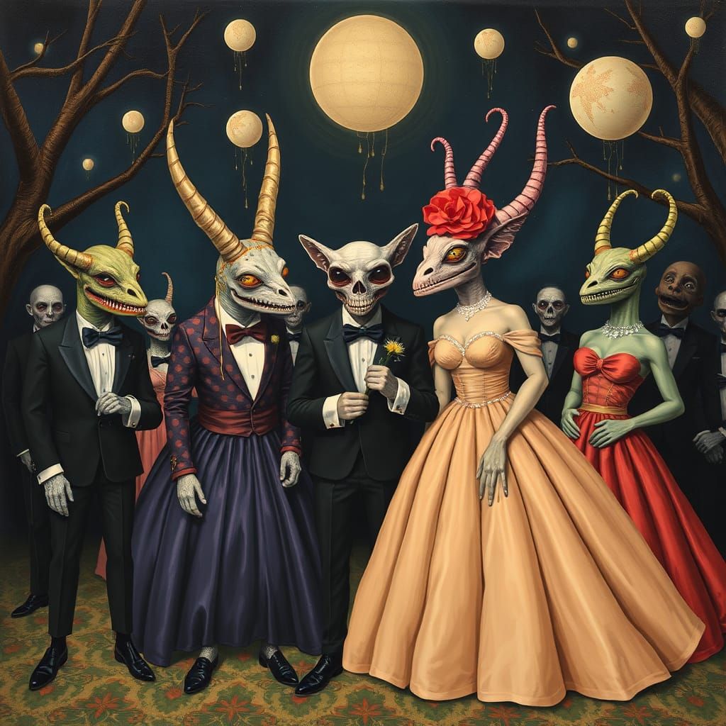 Surreal Creatures at Halloween Prom, Pop Surrealism Style