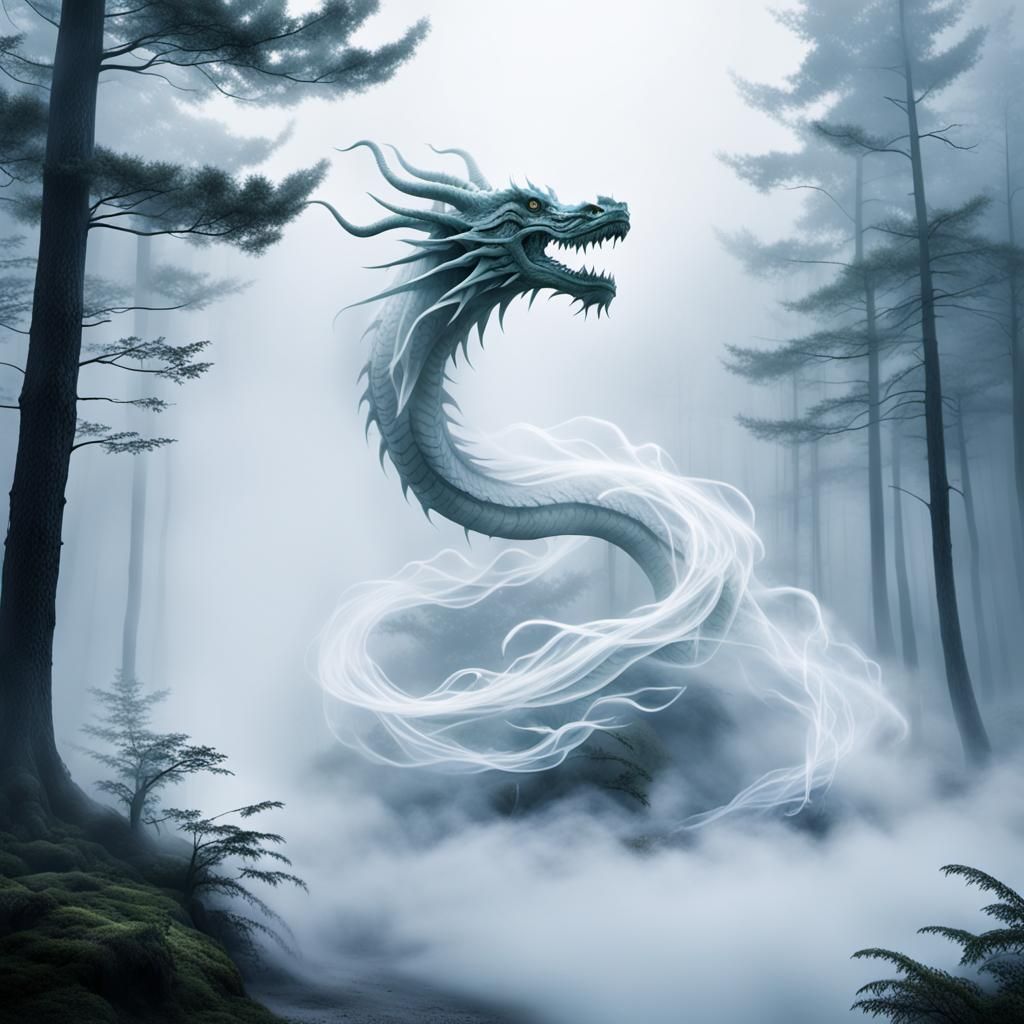 Smoky Dragon Emerges from Foggy Forest