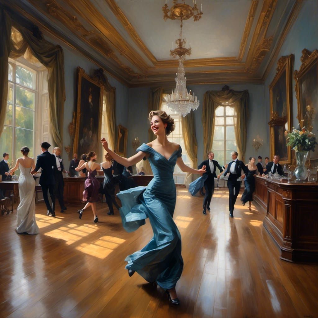 Dancing in Grand Hall: Hyperrealistic Cinematic Image
