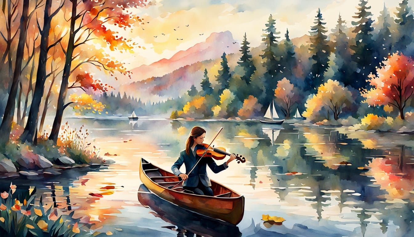 Watercolor Violinist Serenades Lake at Sunset