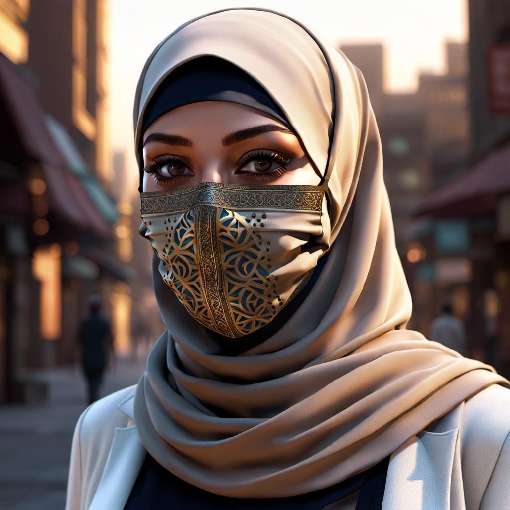 Young Hijabi Woman with Mask in Dark Fantasy Art