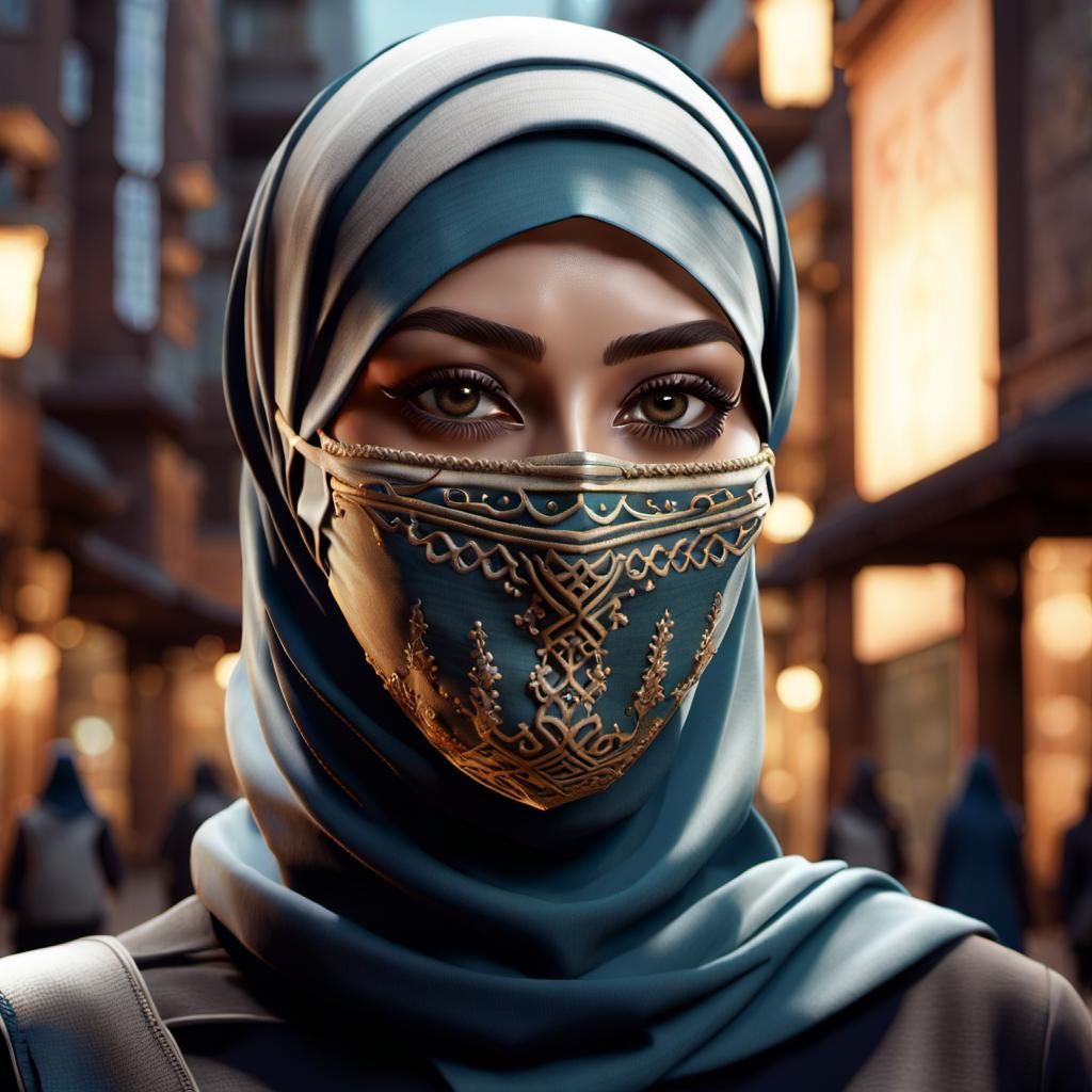 Hijabi Woman Portrait with Mask in Dark Fantasy Style