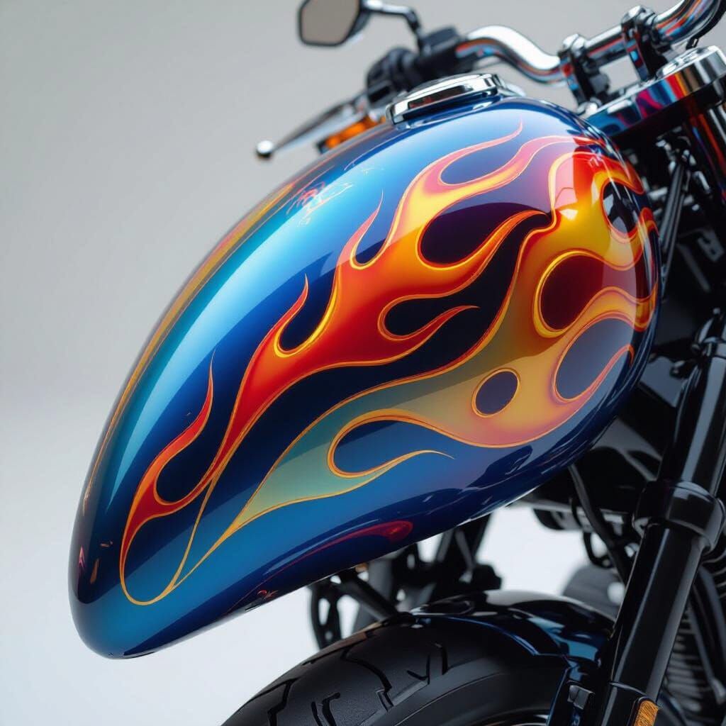 Airbrushed Motorcycle Tank with Neon Flames and Cosmic Art