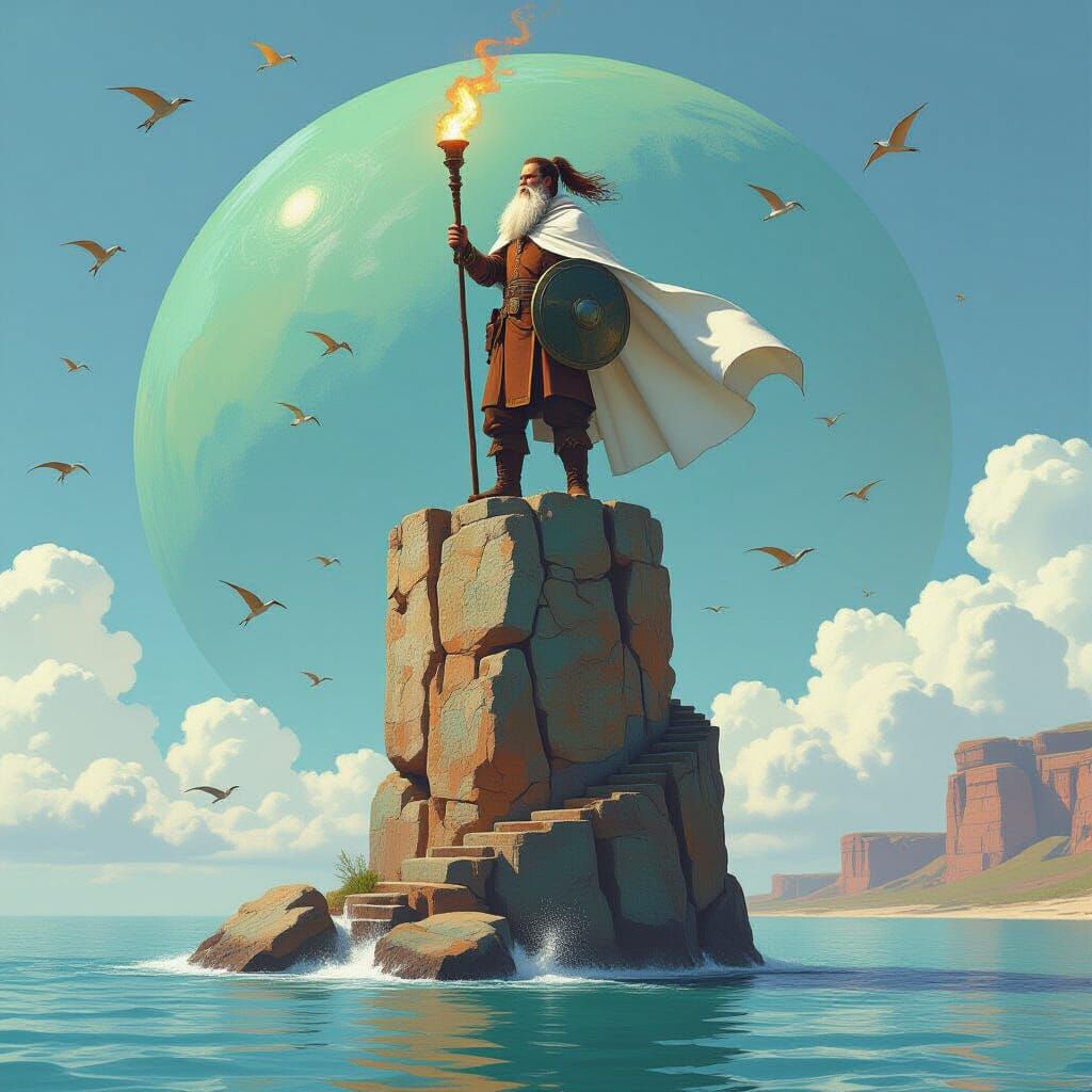 Man on Stone Tower with Flying Fish