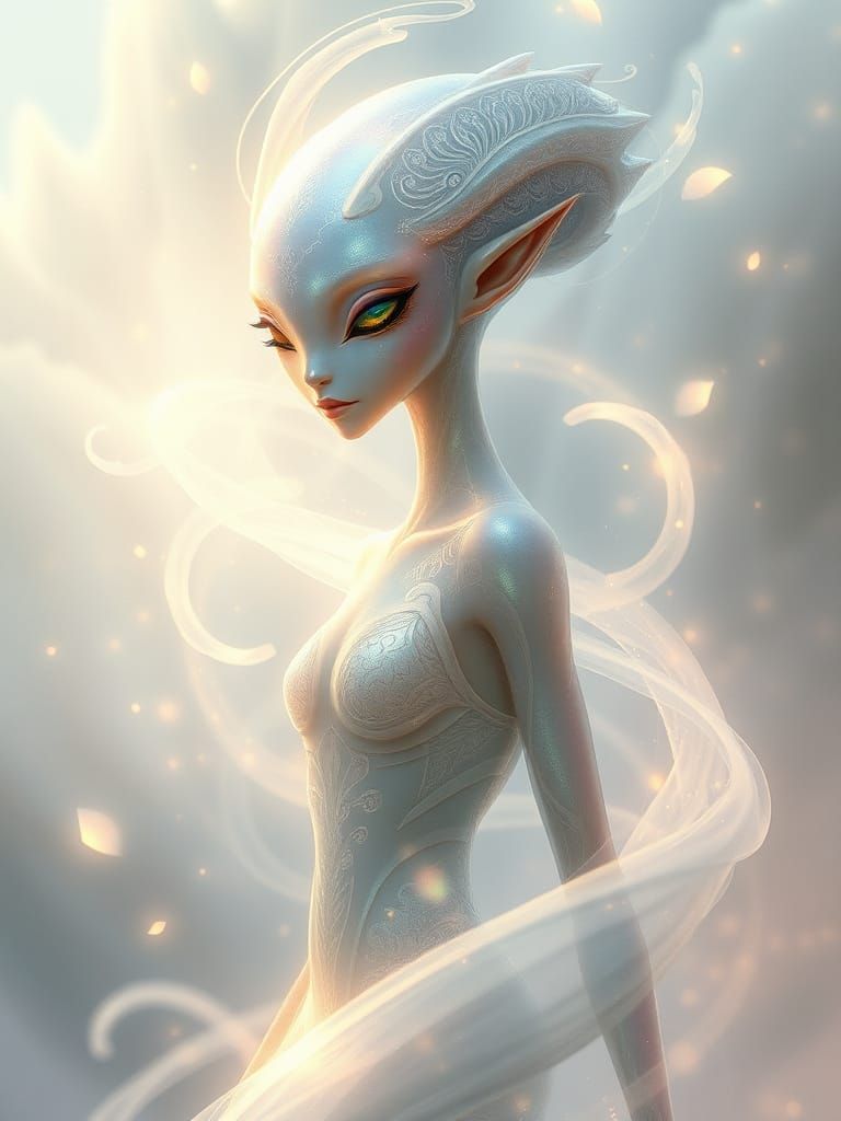 Ethereal Alien Goddess in Luminous Mist