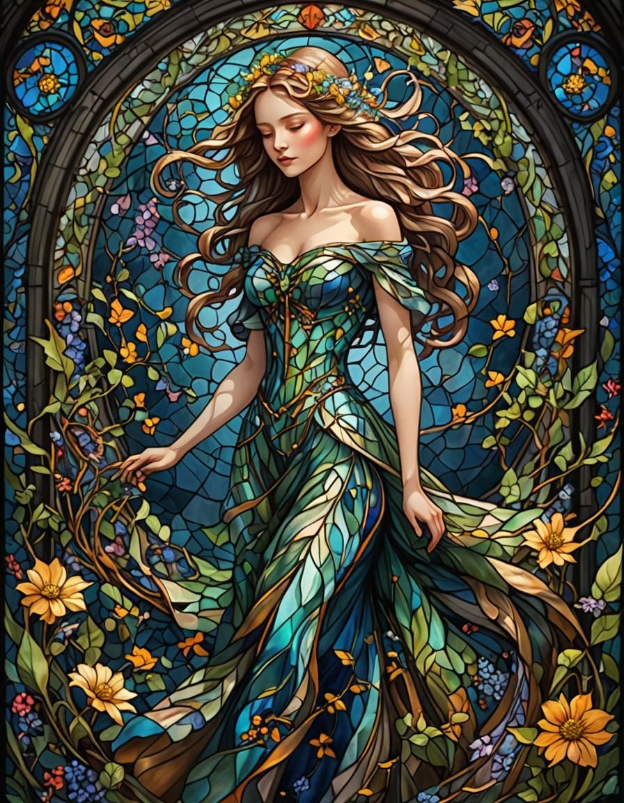 Stained Glass Window of Beautiful Person in Wildflower Dress