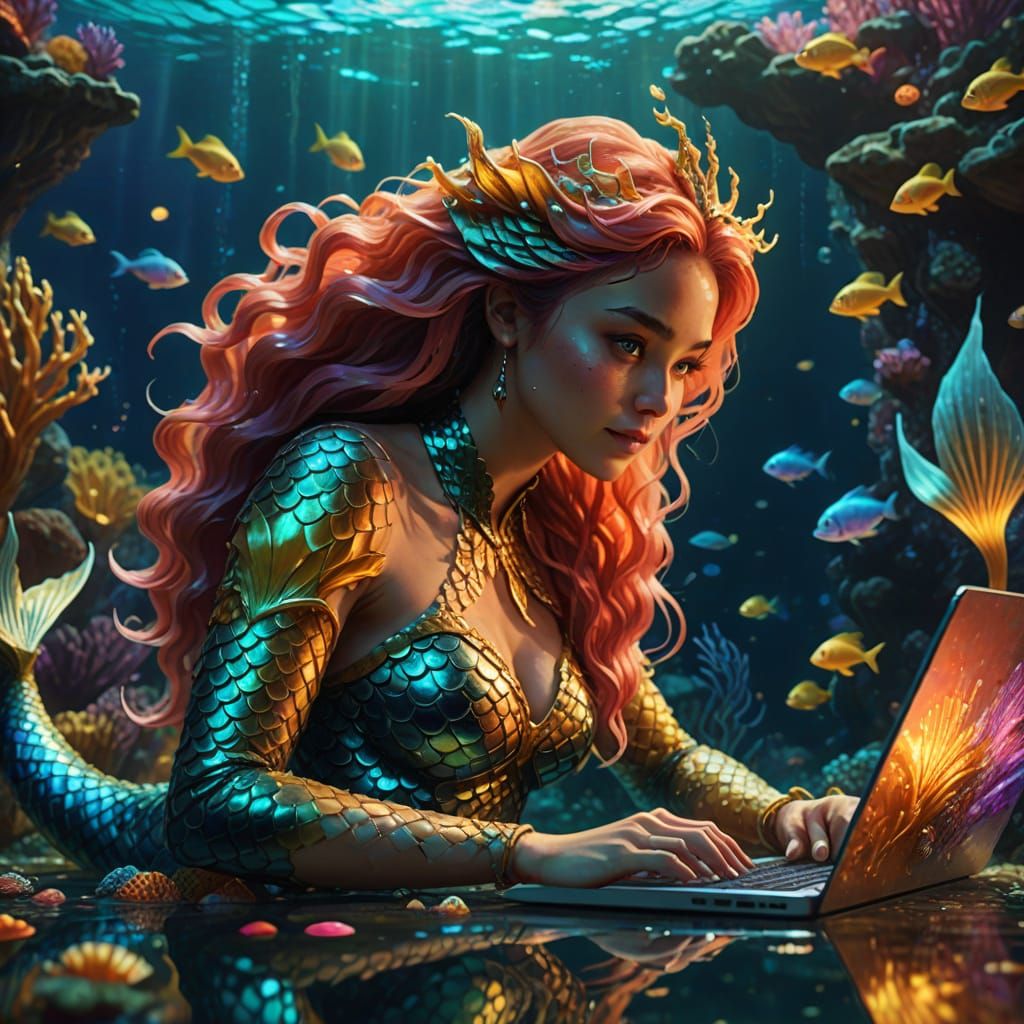 Mermaid Using Laptop in Underwater Oil Painting