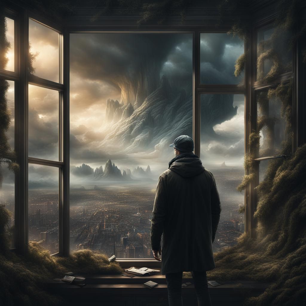 Mysterious Figure Behind Window on Cloudy Day