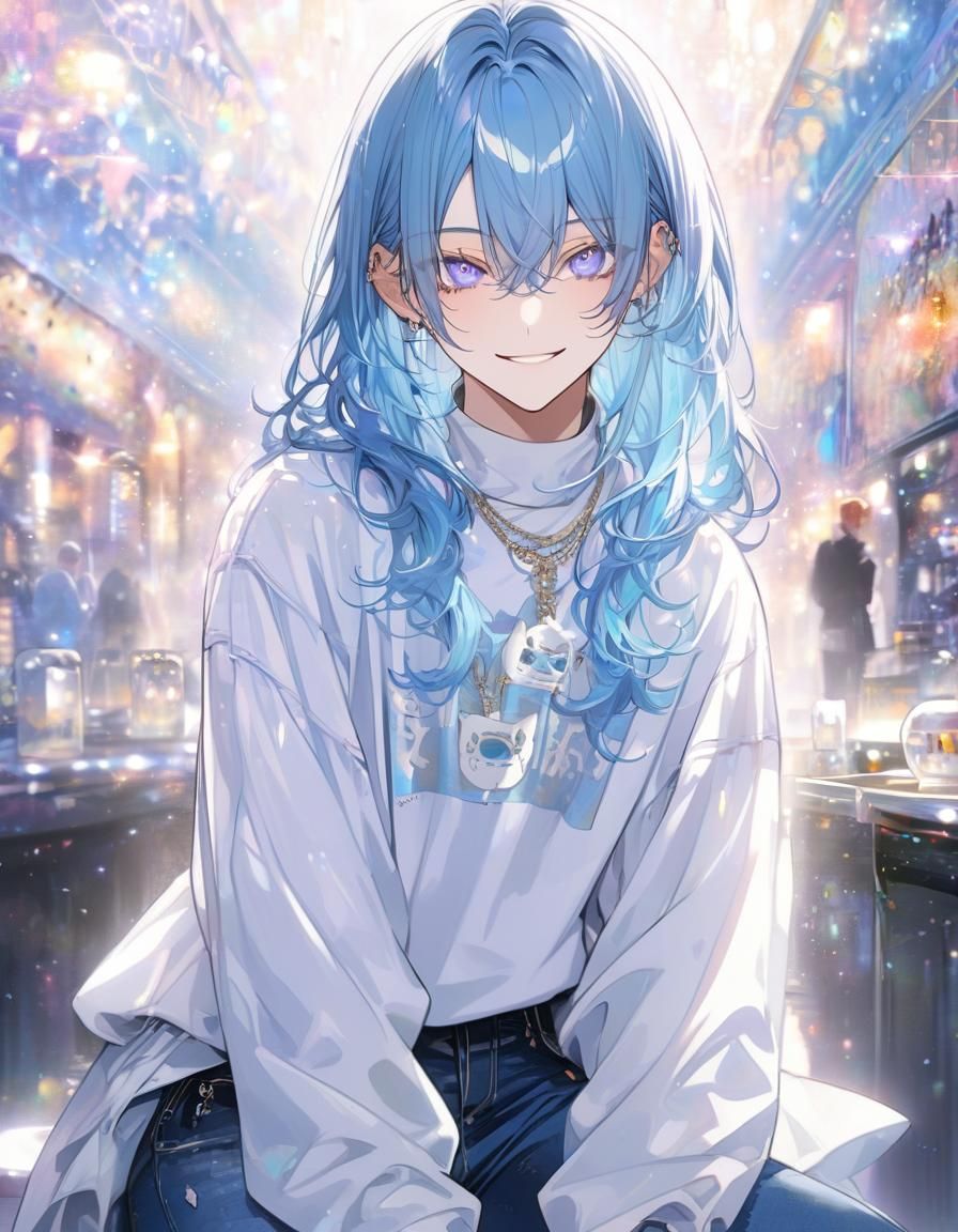 Detailed Anime Boy with Blue Hair and Glittery Eyes