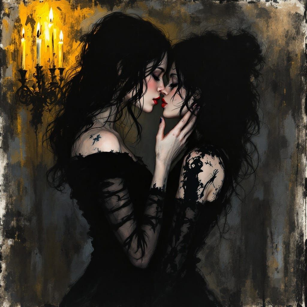 Intimate Candlelit Embrace in Charcoal and Gouache