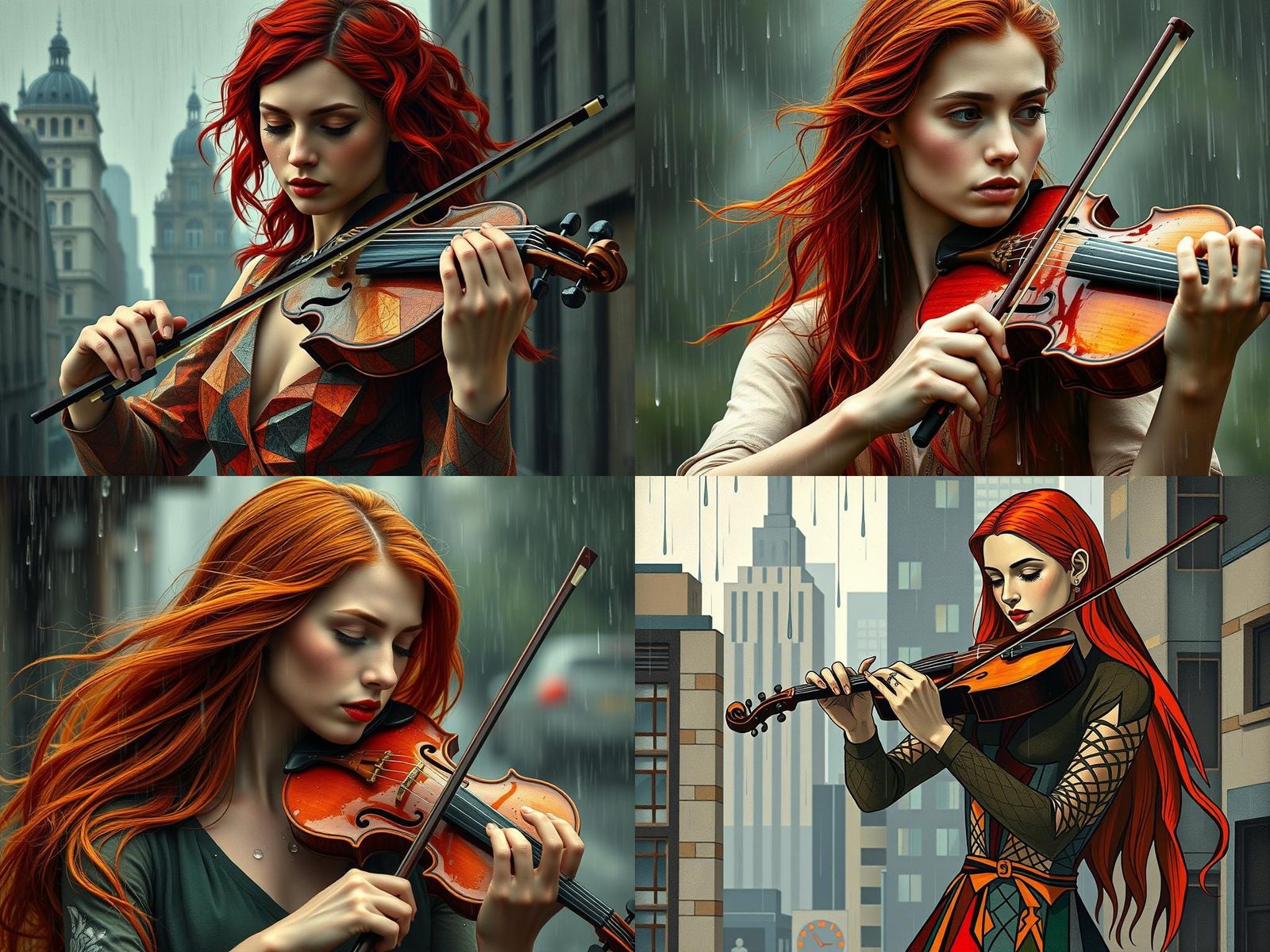 Cubist Woman Playing Violin in Rainy Environment