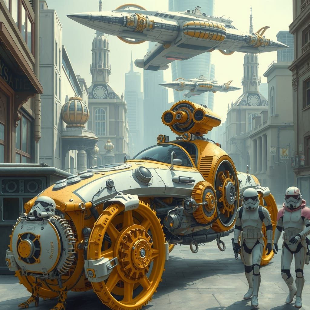 Steampunk Futuristic Vehicle in Metropolis