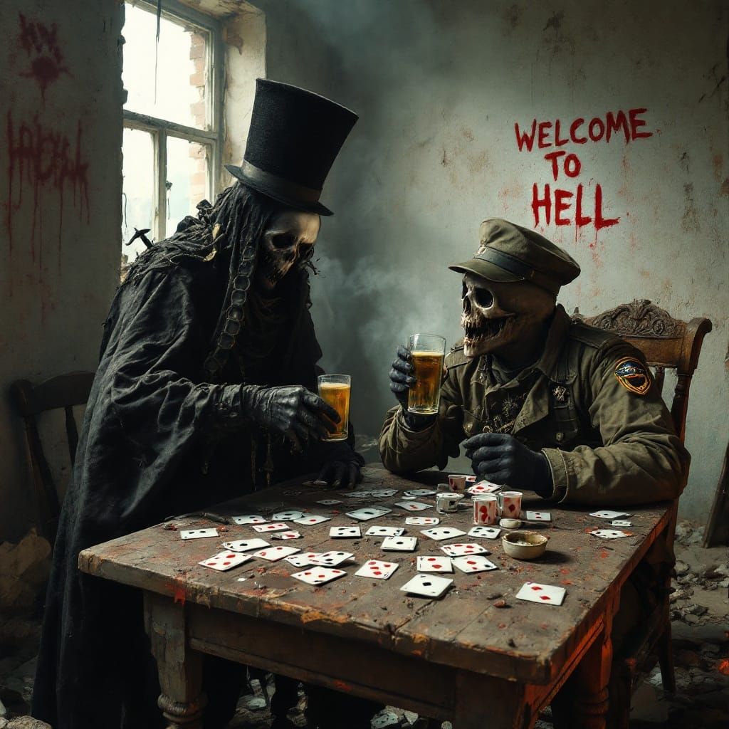 Soldier Plays Cards with Death in a War-Torn Landscape